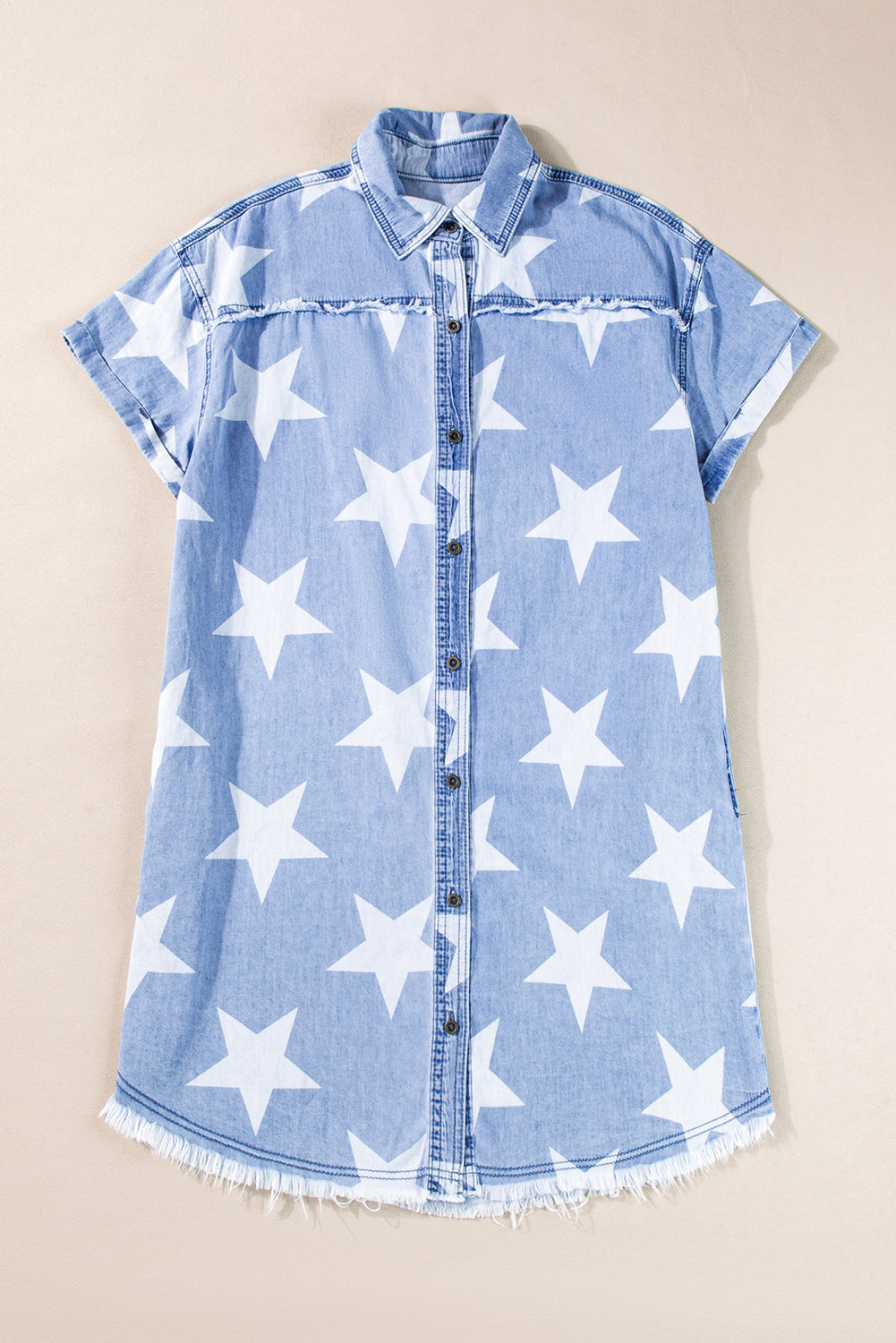 Sky Blue Stars Frayed Hem Denim Dress