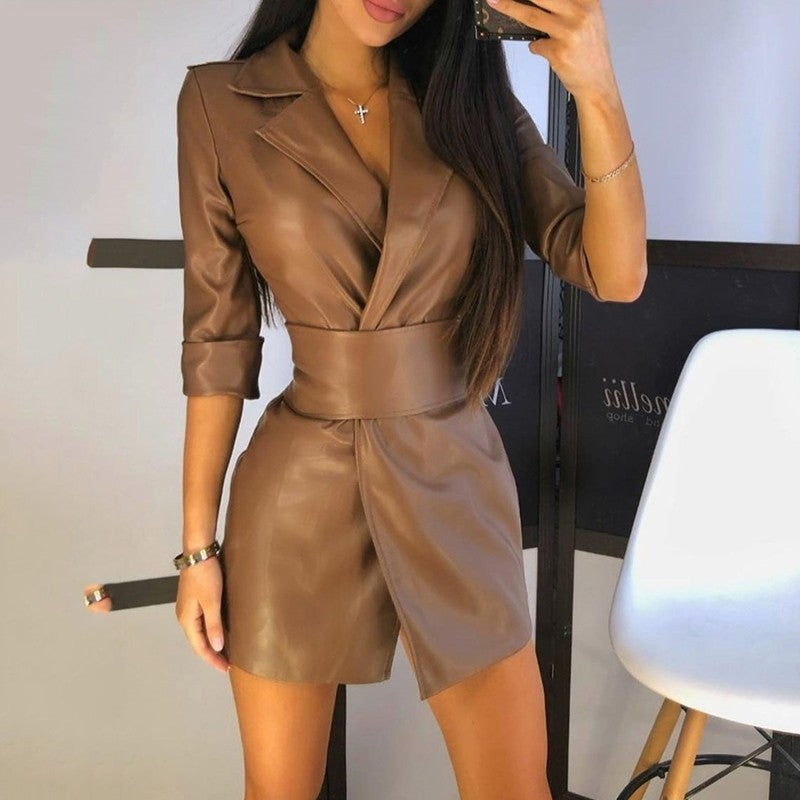 Solid Color PU Leather Mini Dress