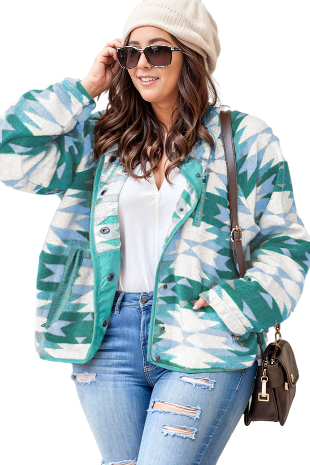 Plus Green Geometric Aztec Pattern  Fleece Jacket