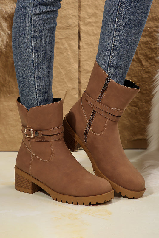 Chestnut Suede Buckled Ankle Boots