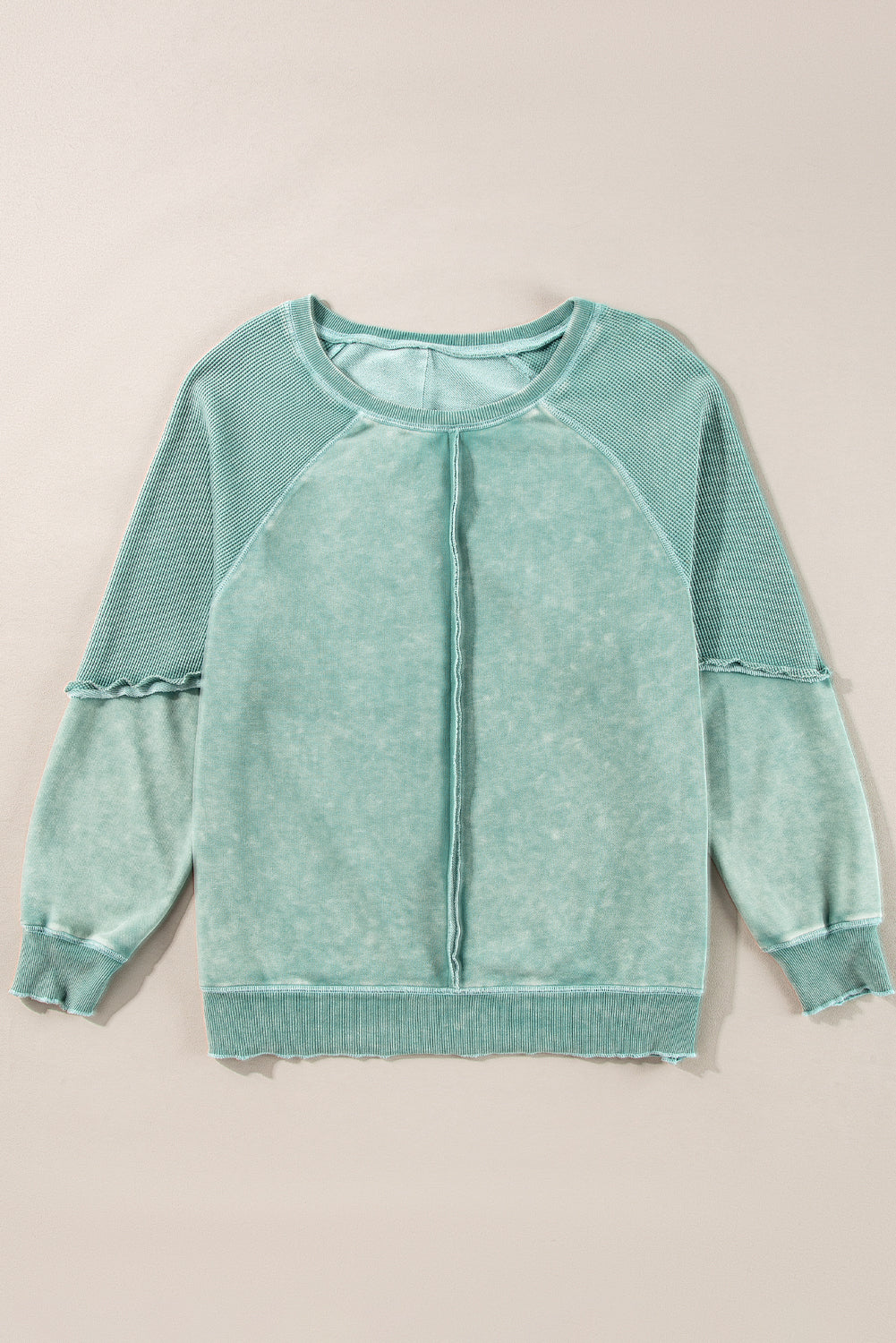 Waffle Patchwork Raglan Sleeve Exposed Seam Sweatshirt