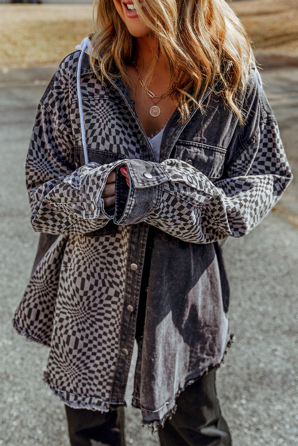 Gray Checkered Hooded Denim Jacket