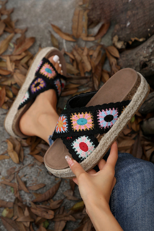 Color black Boho Crochet Crossover Slippers