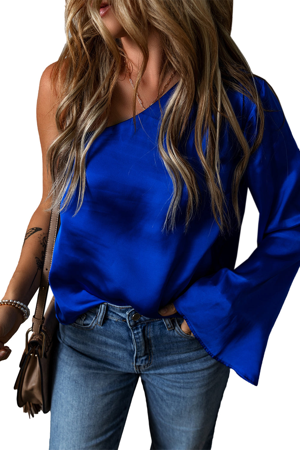 Blue Asymmetric One Shoulder Satin Blouse