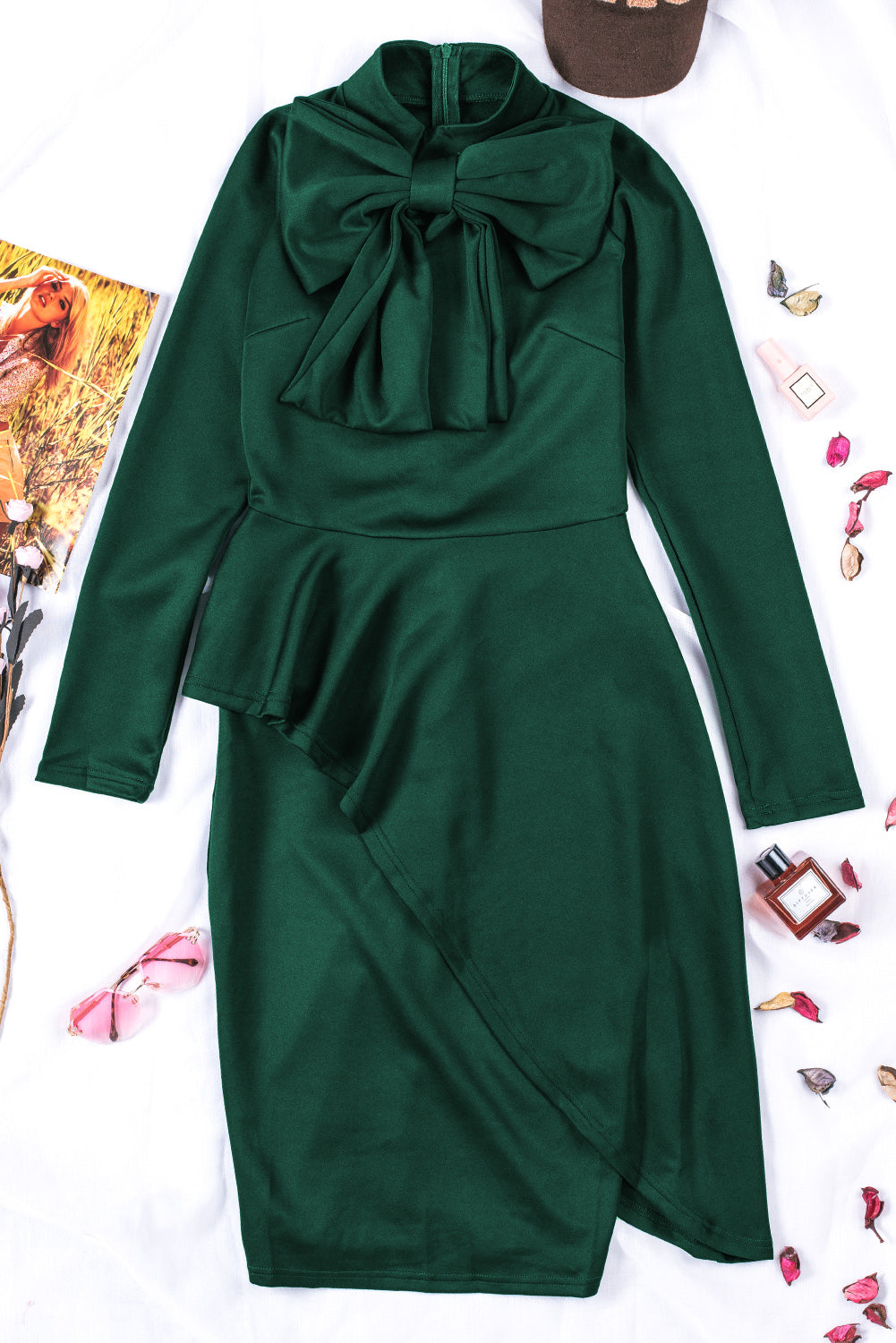 Modest Asymmetric Peplum Style Bow Dress