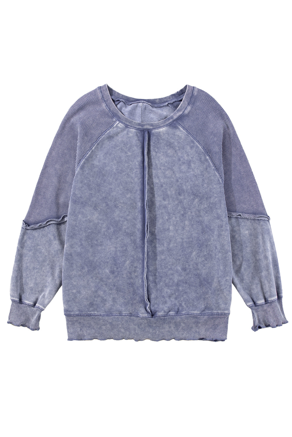 Waffle Patchwork Raglan Sleeve Exposed Seam Sweatshirt