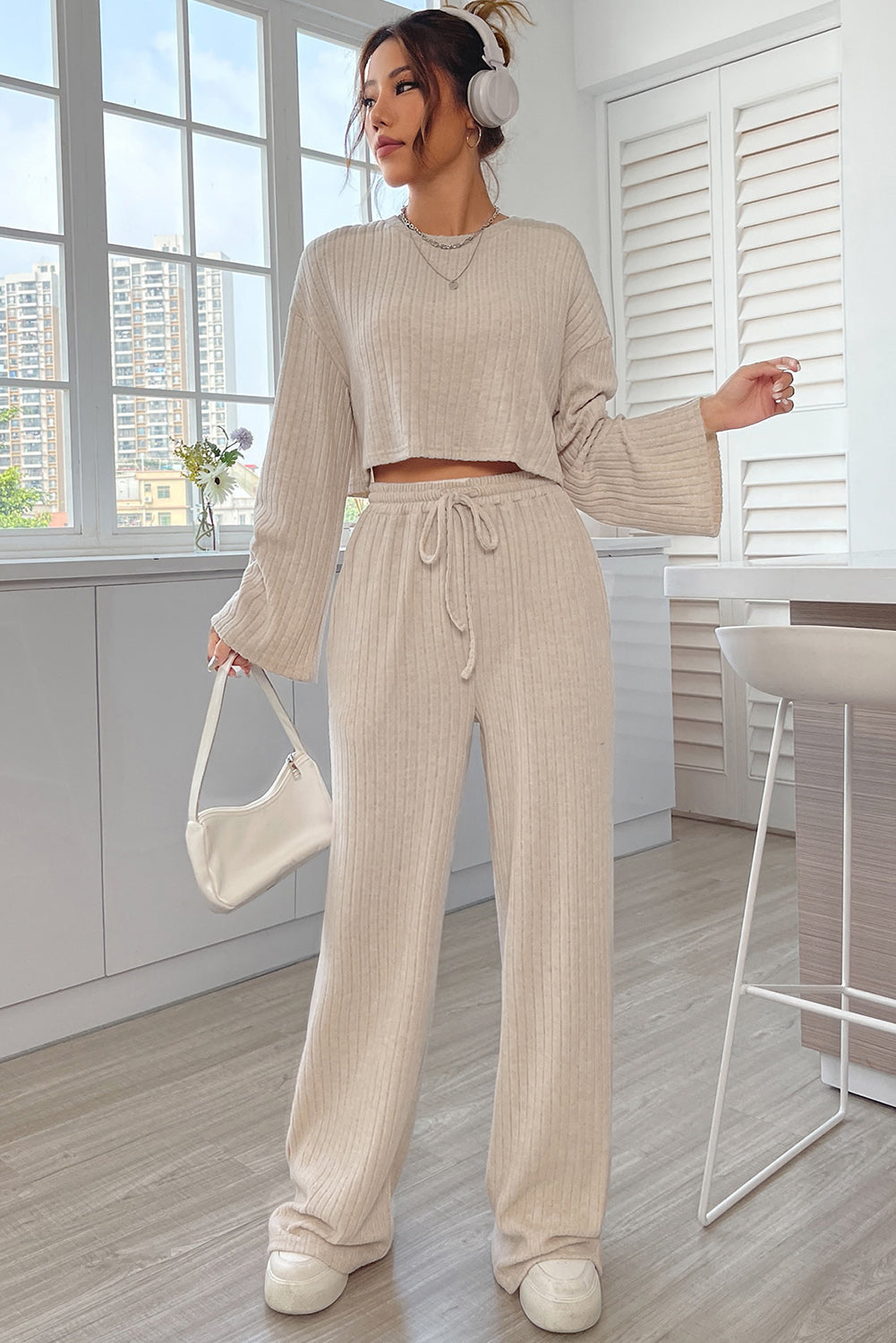 Khaki Bell Sleeve Crop Top & Drawstring Pants Set