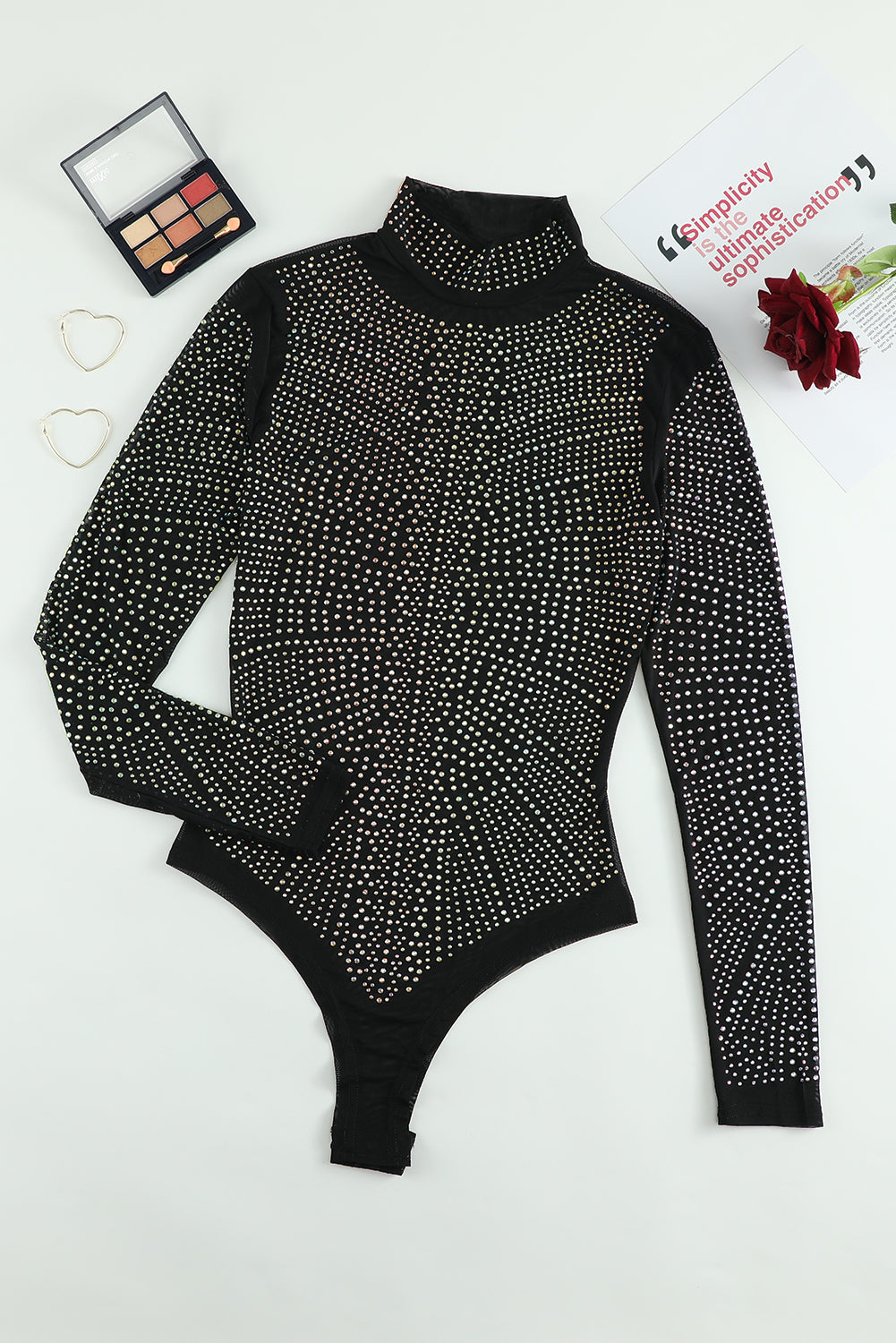 Black Iridescent Silver Rhinestone Studded Mock Neck Bodysuit