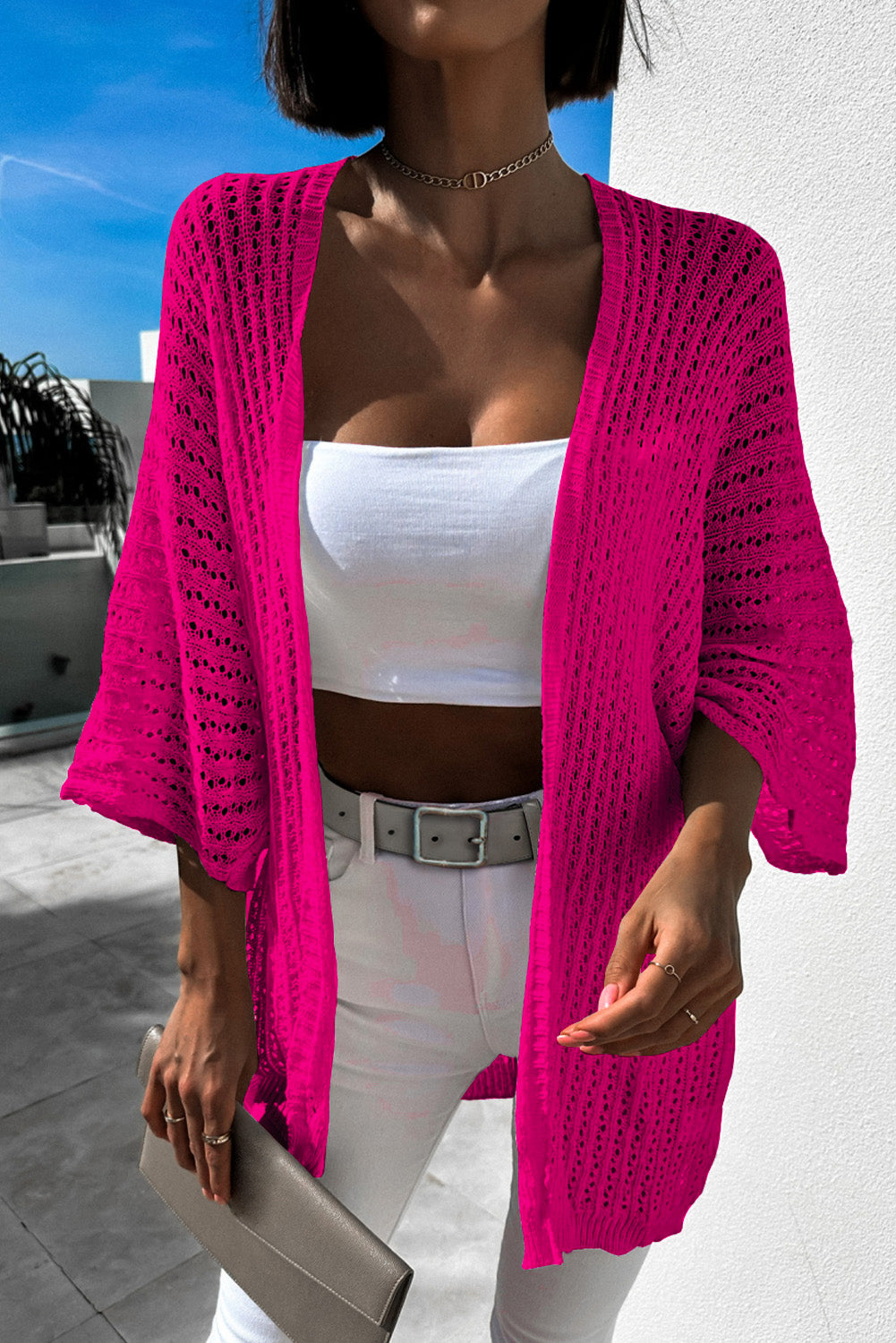 Casual Hollow-out Bracelet Sleeve Knit Cardigan