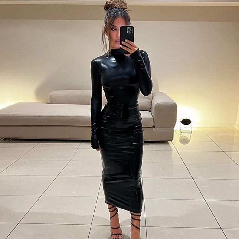 Leather Dark Solid Color Slim Dress