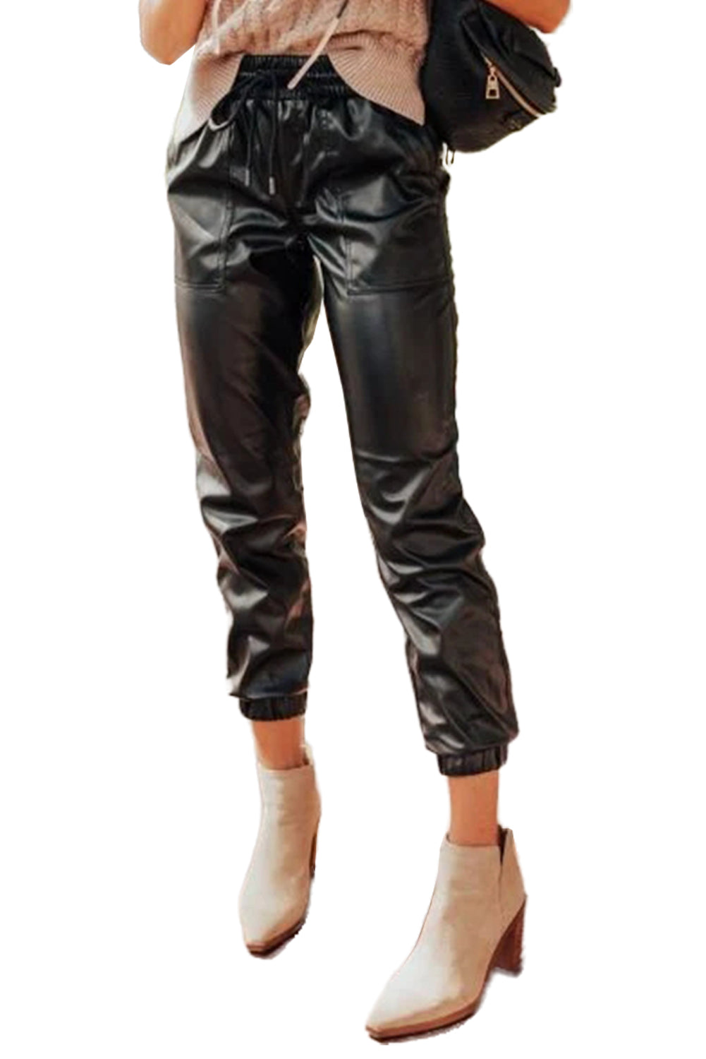 Black Faux Leather Look Drawstring Cropped Pants