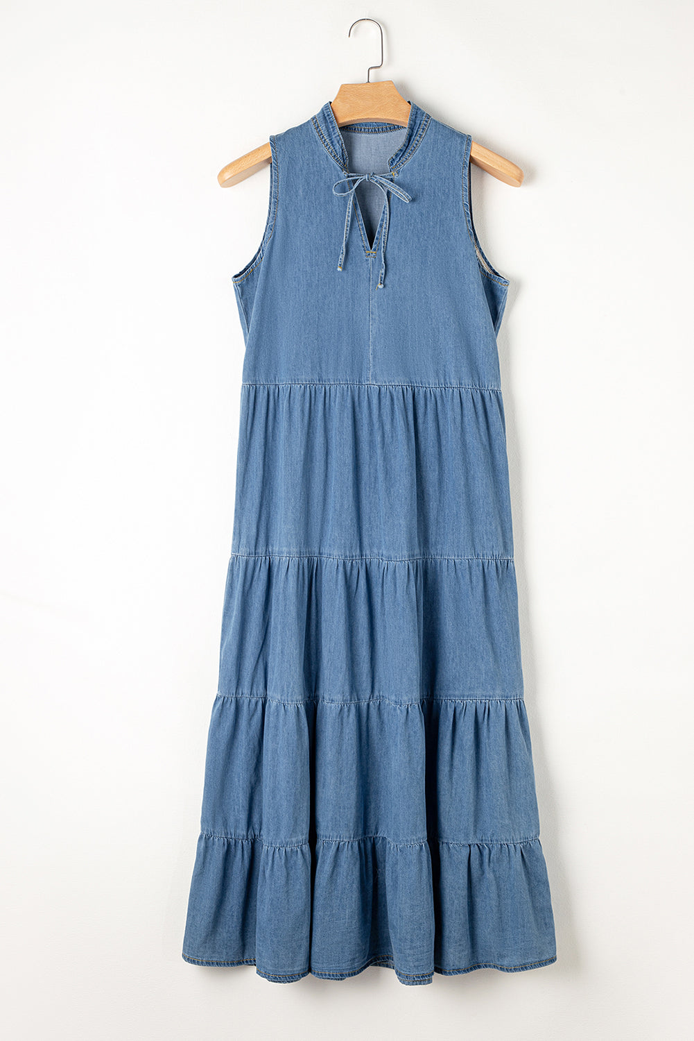 Teal Sleeveless Tiered Chambray Maxi Dress