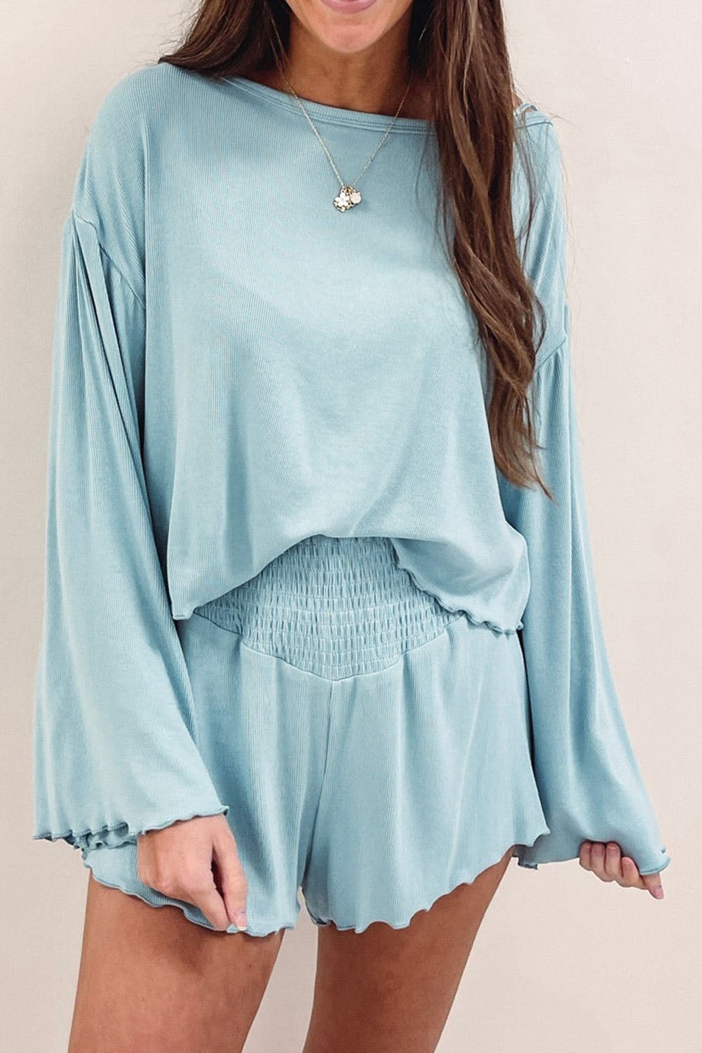 Sky Blue Long Sleeve Top & High Waisted Shorts Set