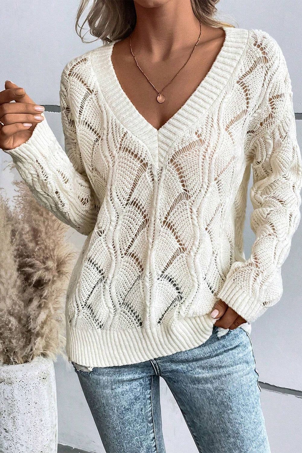 Mint Green Hollow Out Knit V Neck Drop Shoulder Sweater