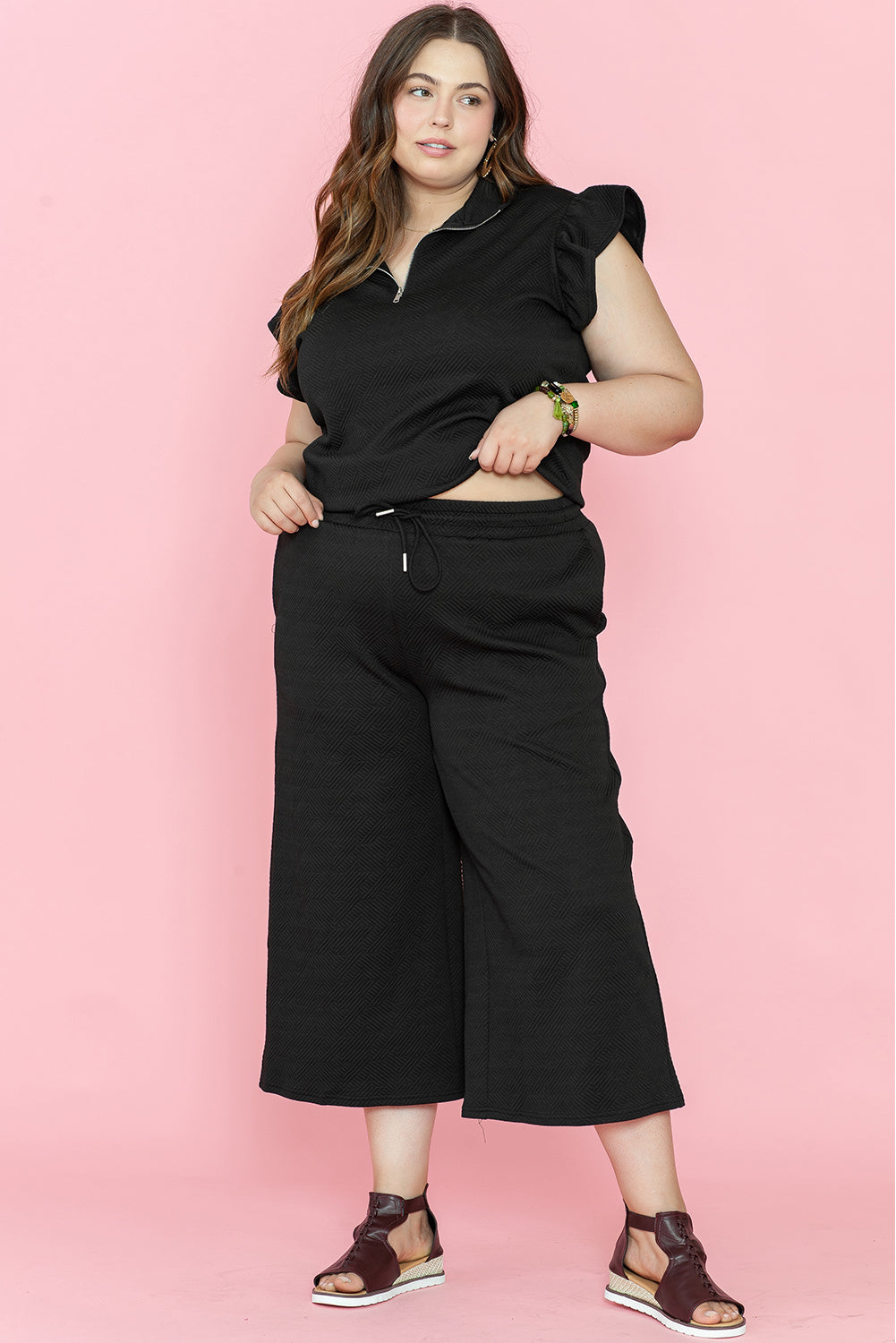 Plus Size Ruffled Sleeve Wide Leg Pants Set