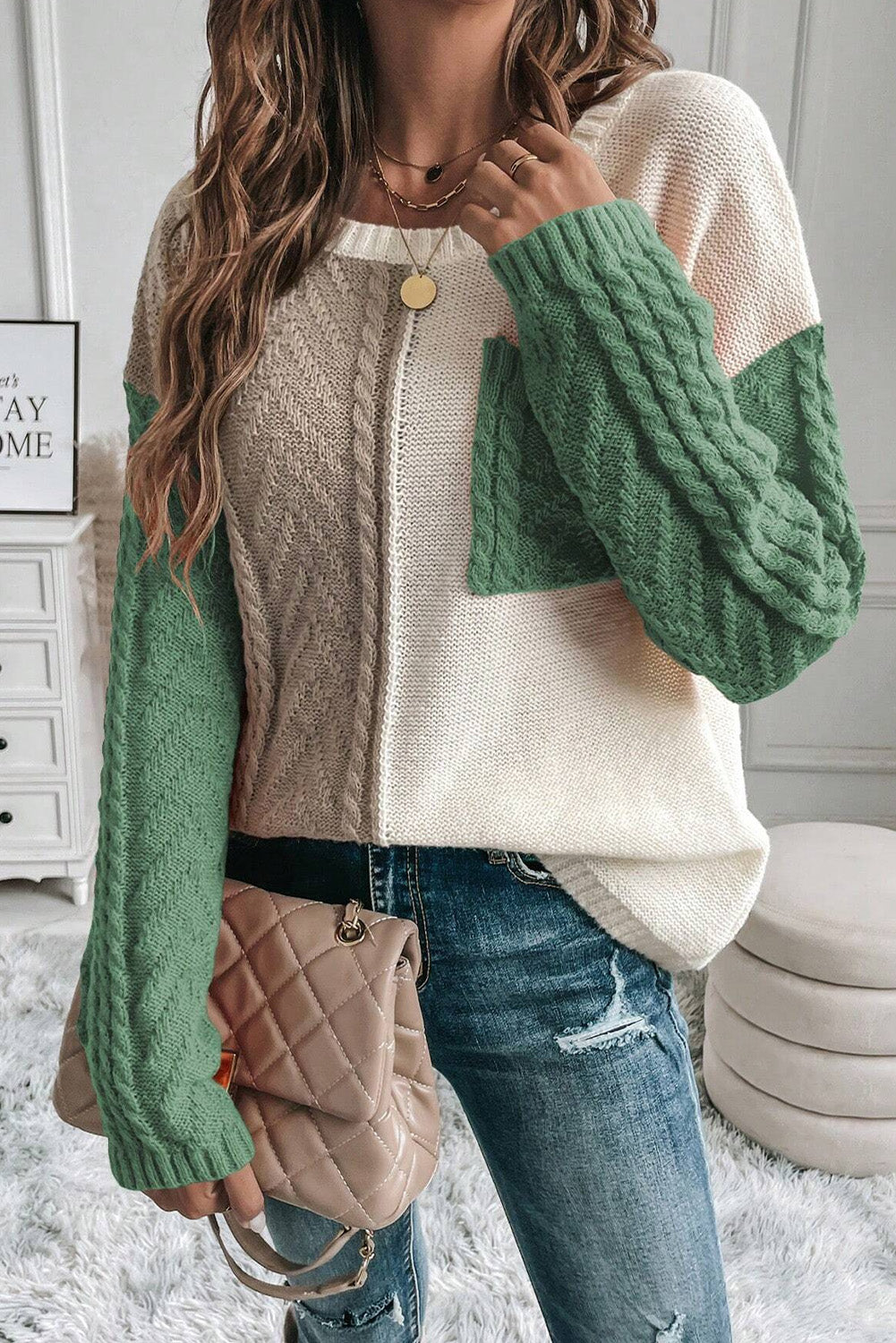 Green Colorblock Drop Shoulder Sweater