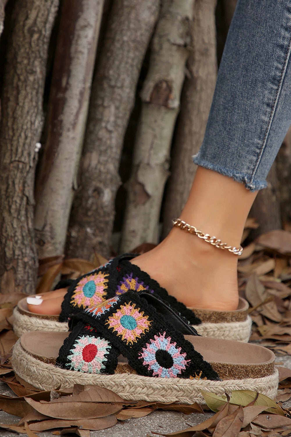 Color black Boho Crochet Crossover Slippers