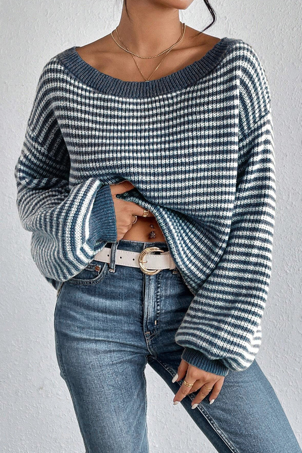 Sail Blue Striped Drop Shoulder Sweater