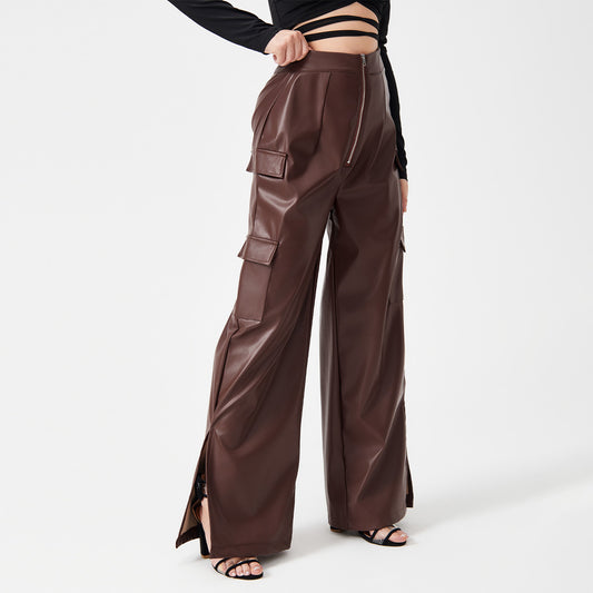 Wide Leg PU Leather Cargo Pocket Pants