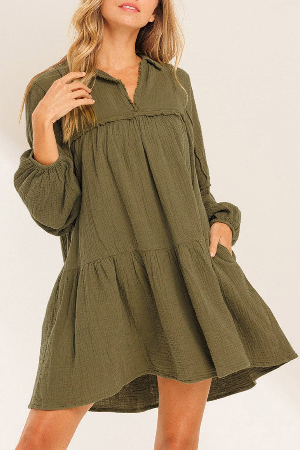 Green Frayed Trim Puff Sleeve Flared Dress