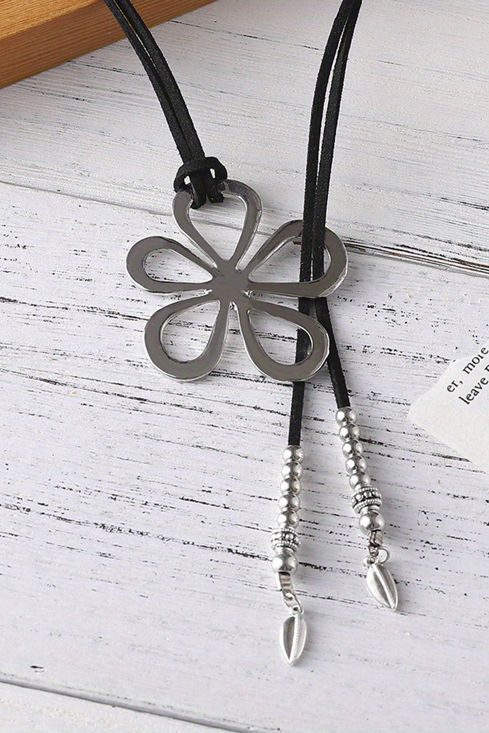 Silver Hollow Out Floral Leather Rope Necklace