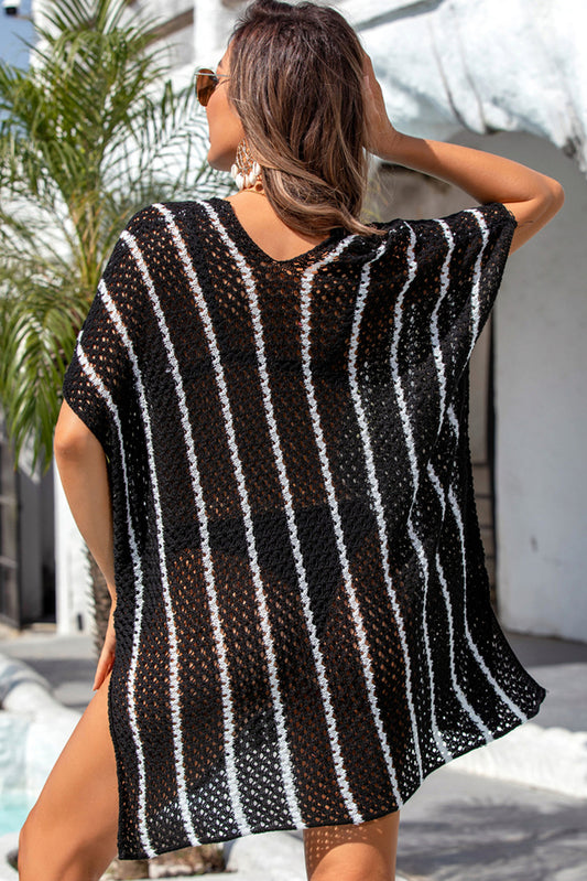 Black Striped Crochet Loose Fit  Cover Up