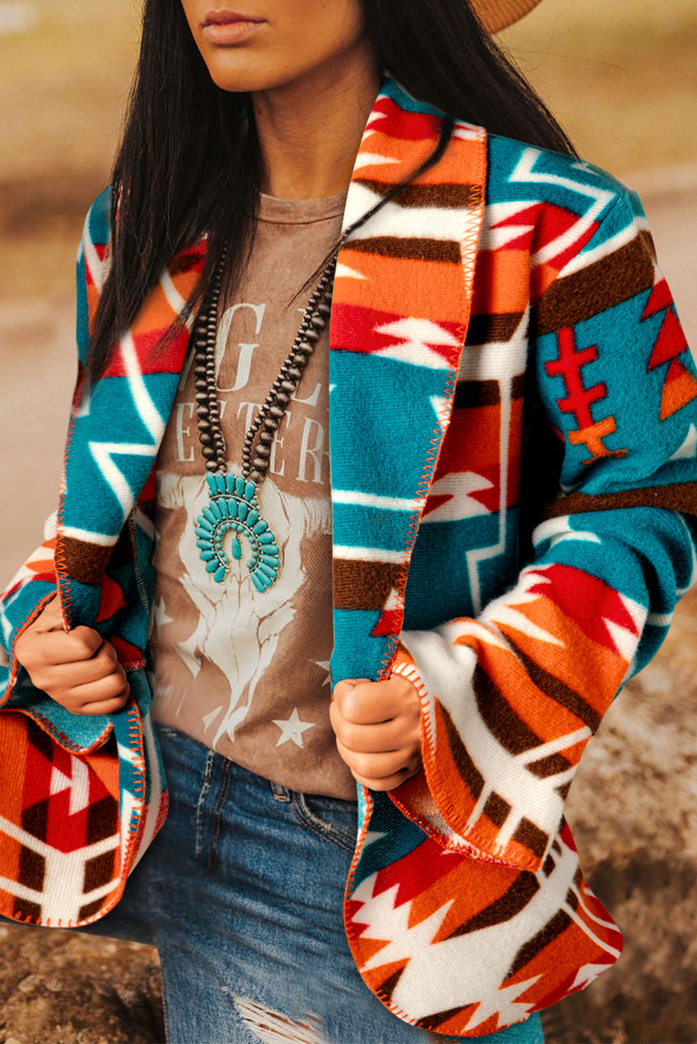 Sky Blue Aztec Bell Sleeve Jacket