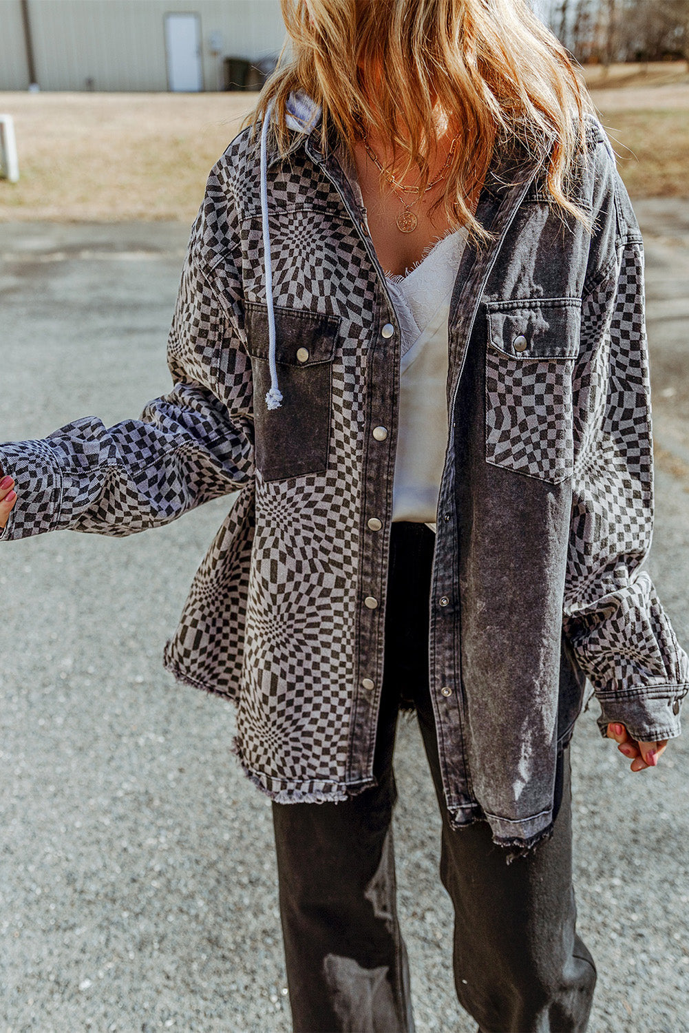 Gray Checkered Hooded Denim Jacket