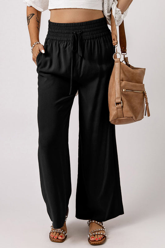 Blue Drawstring Elastic Waist Wide Leg Pants