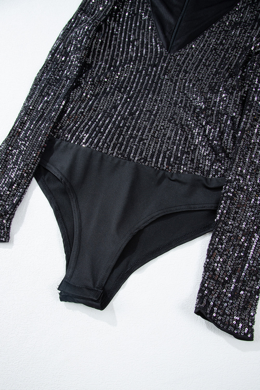 Black Sequin Zip Up Long Sleeve Bodysuit