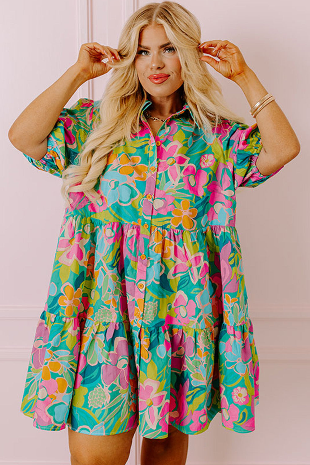 Plus Size Floral Print Tiered Shirt Dress