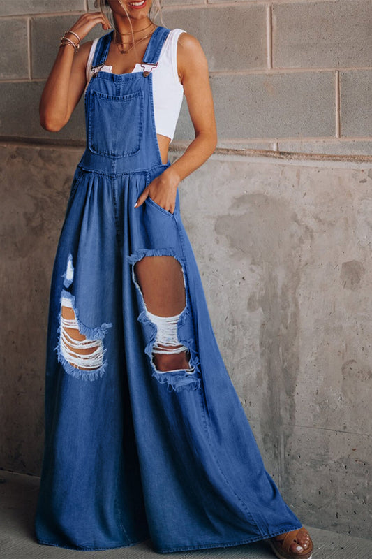 Wide Leg Distressed Denim Overalls