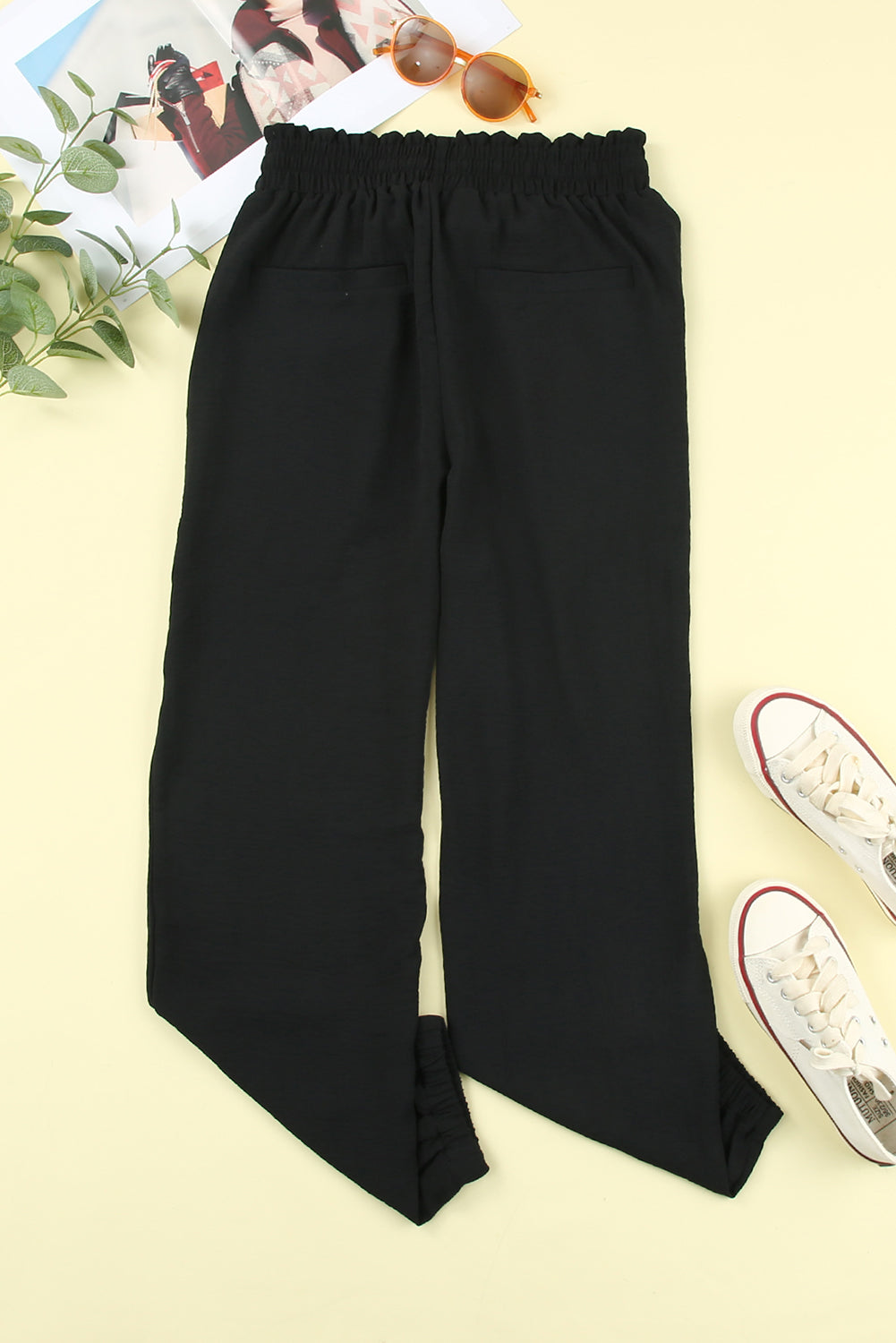 Black Solid  Smocked Waist Joggers