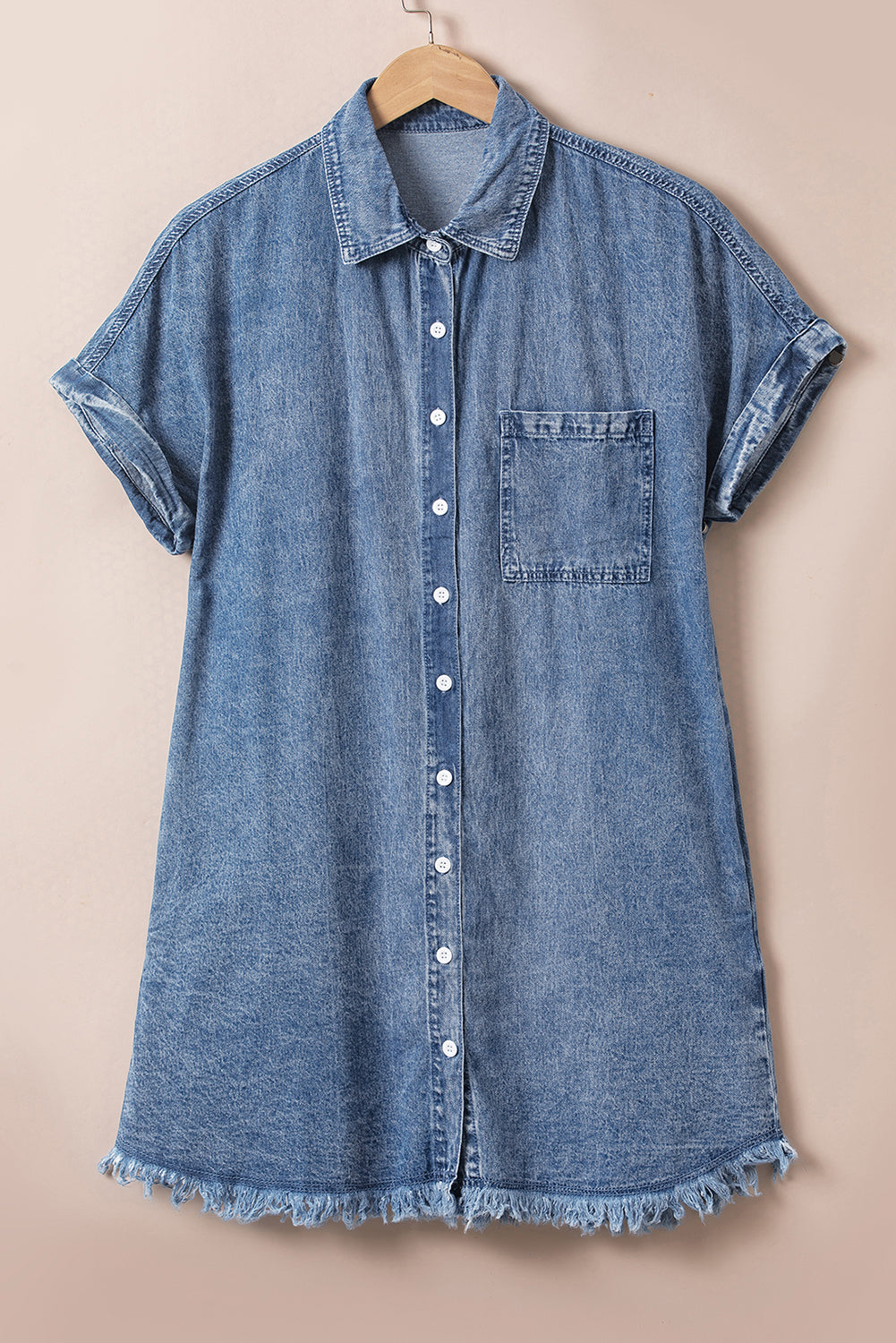 Blue Mineral Wash Frayed Hem Denim Dress