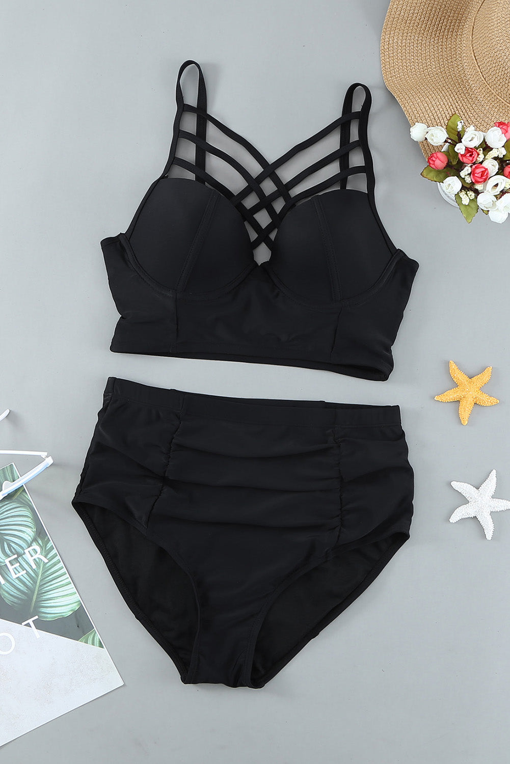 Black Strappy Neck Detail High Waist Plus Size Swimsuit