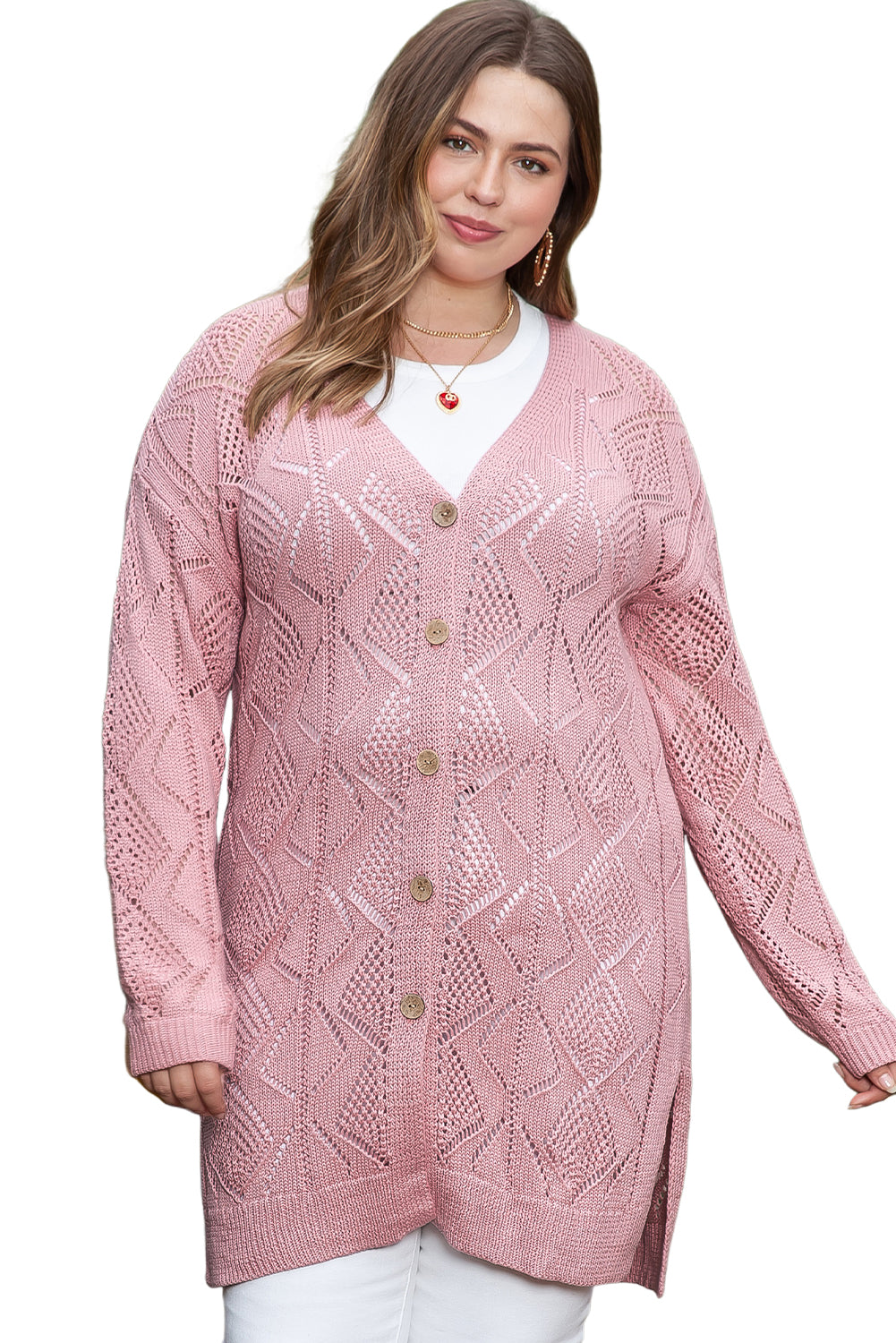 Pink Open Knit Button-Up Plus Size Cardigan