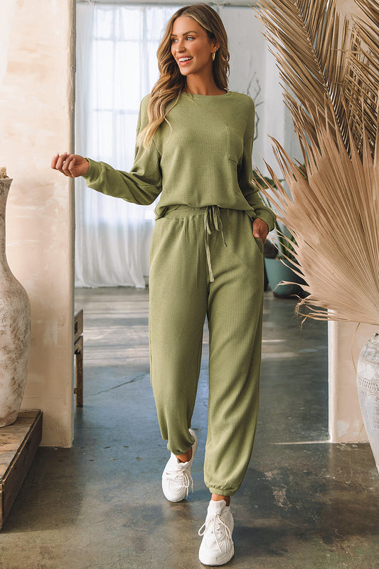 Green Waffle Knit Top & Drawstring Jogger Set