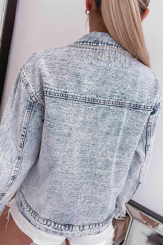 Misty Blue Retro Rhinestone Light Wash Denim Jacket