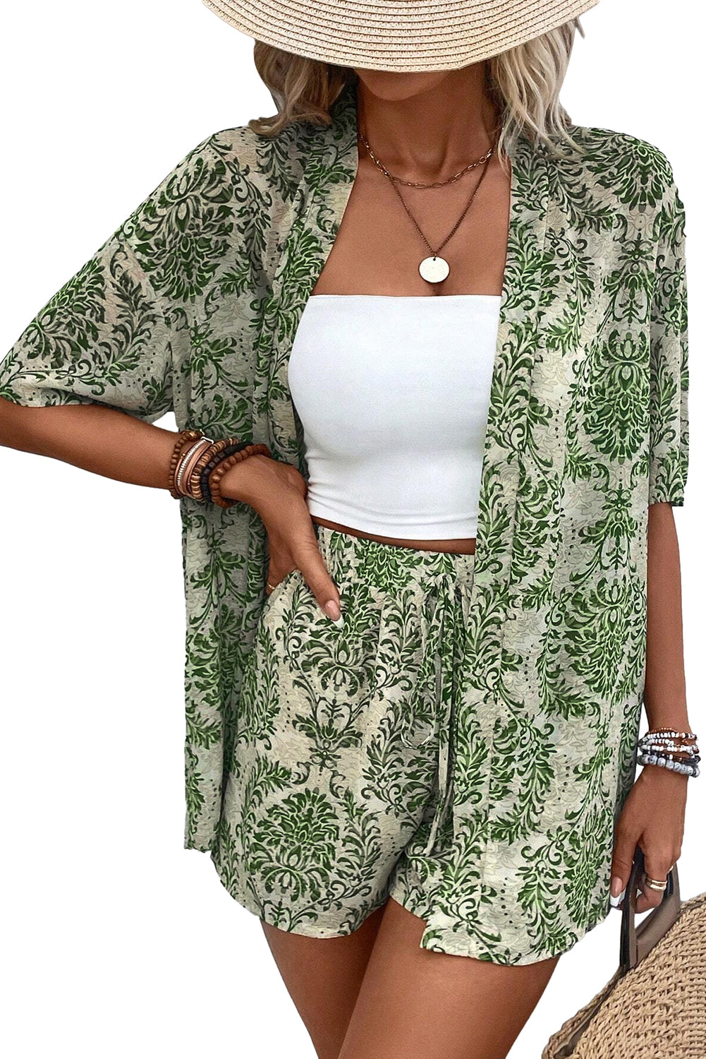 Green Vintage Floral Print Shorts Set