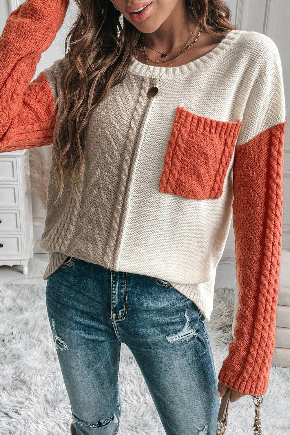 Green Colorblock Drop Shoulder Sweater