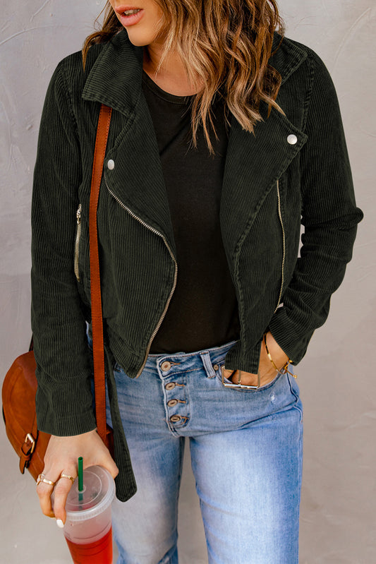 Buckle Belted Zip Up Corduroy Jacket(Available In Plus Size)