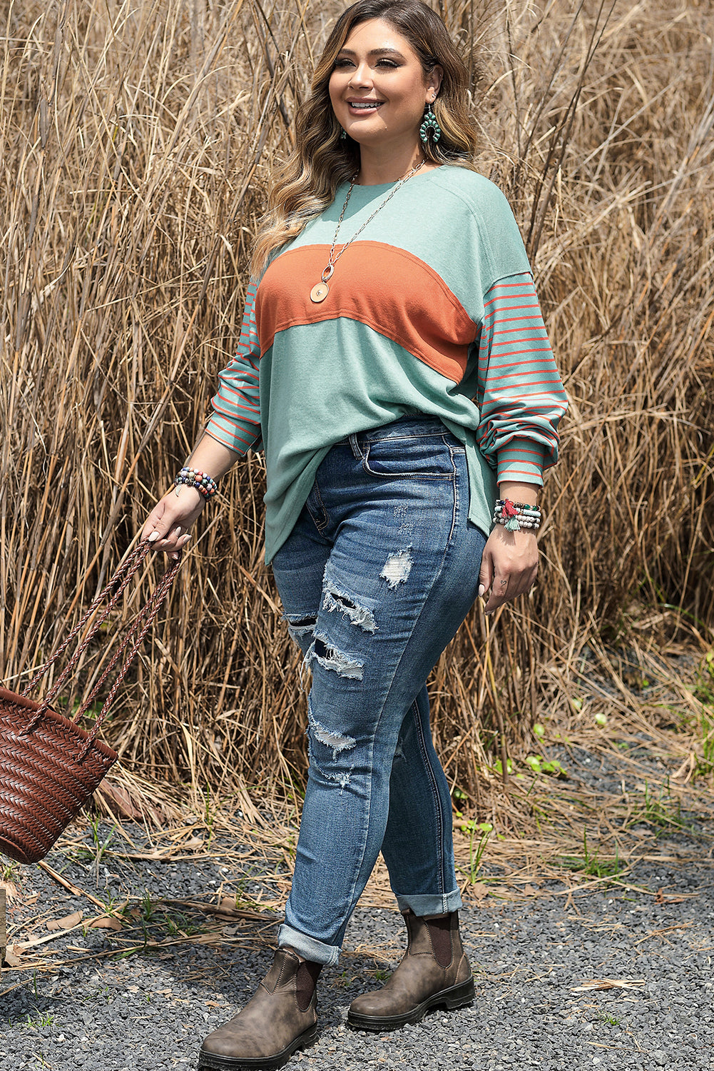 Green Plus Size Striped Colorblock Tee with Slits