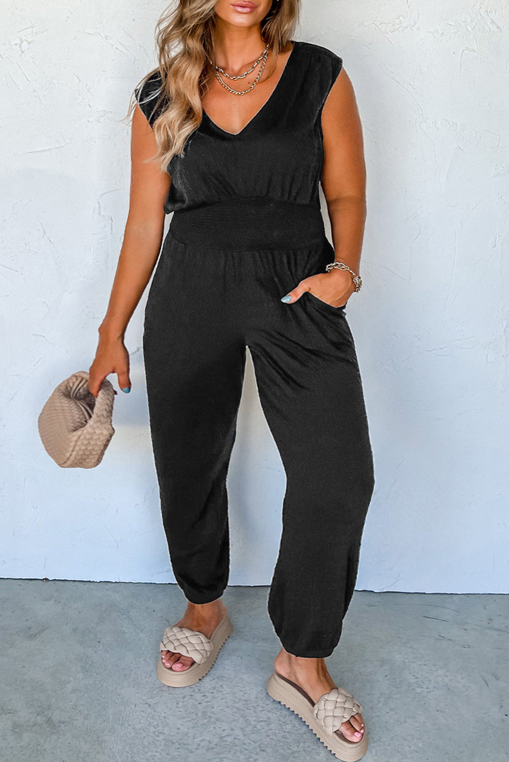 Black Plus Size Smocked V Neck Jumpsuit