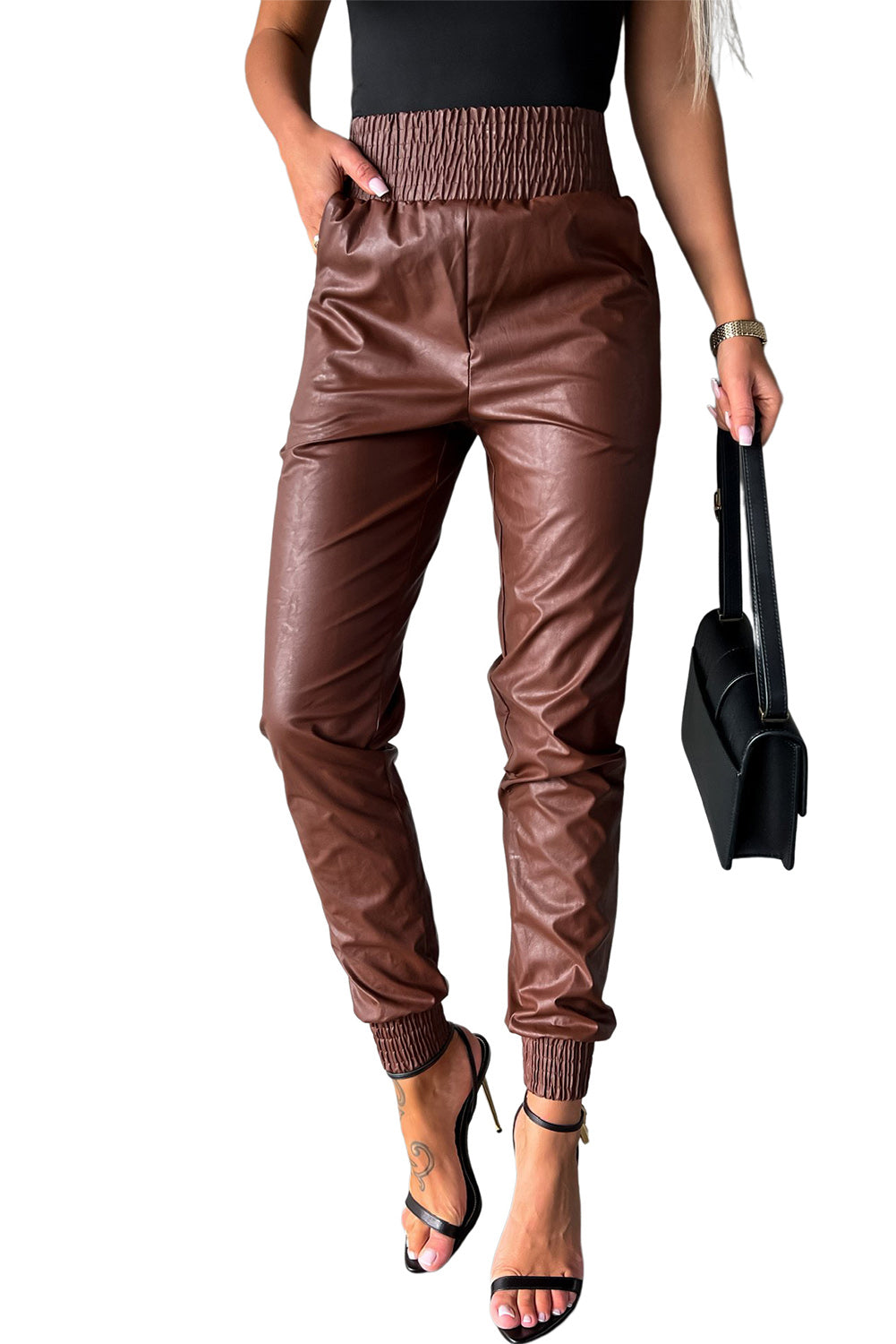 Brown Smocked High Waist Leather PU Skinny Pants