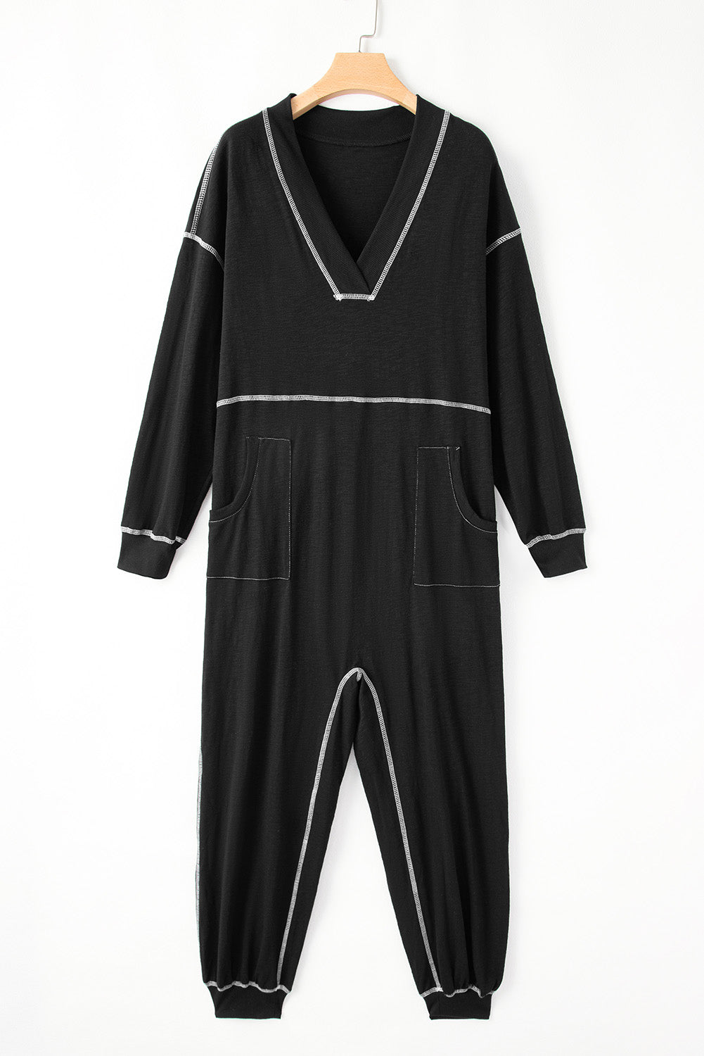 Black Flatlock Seam V Neck Baggy Jumpsuit