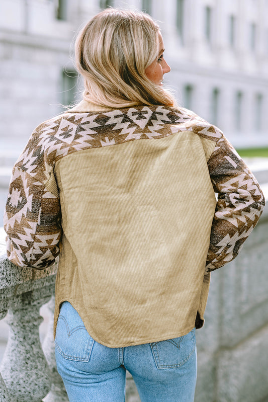 Khaki Aztec Print Corduroy Jacket (Available In Plus Size)