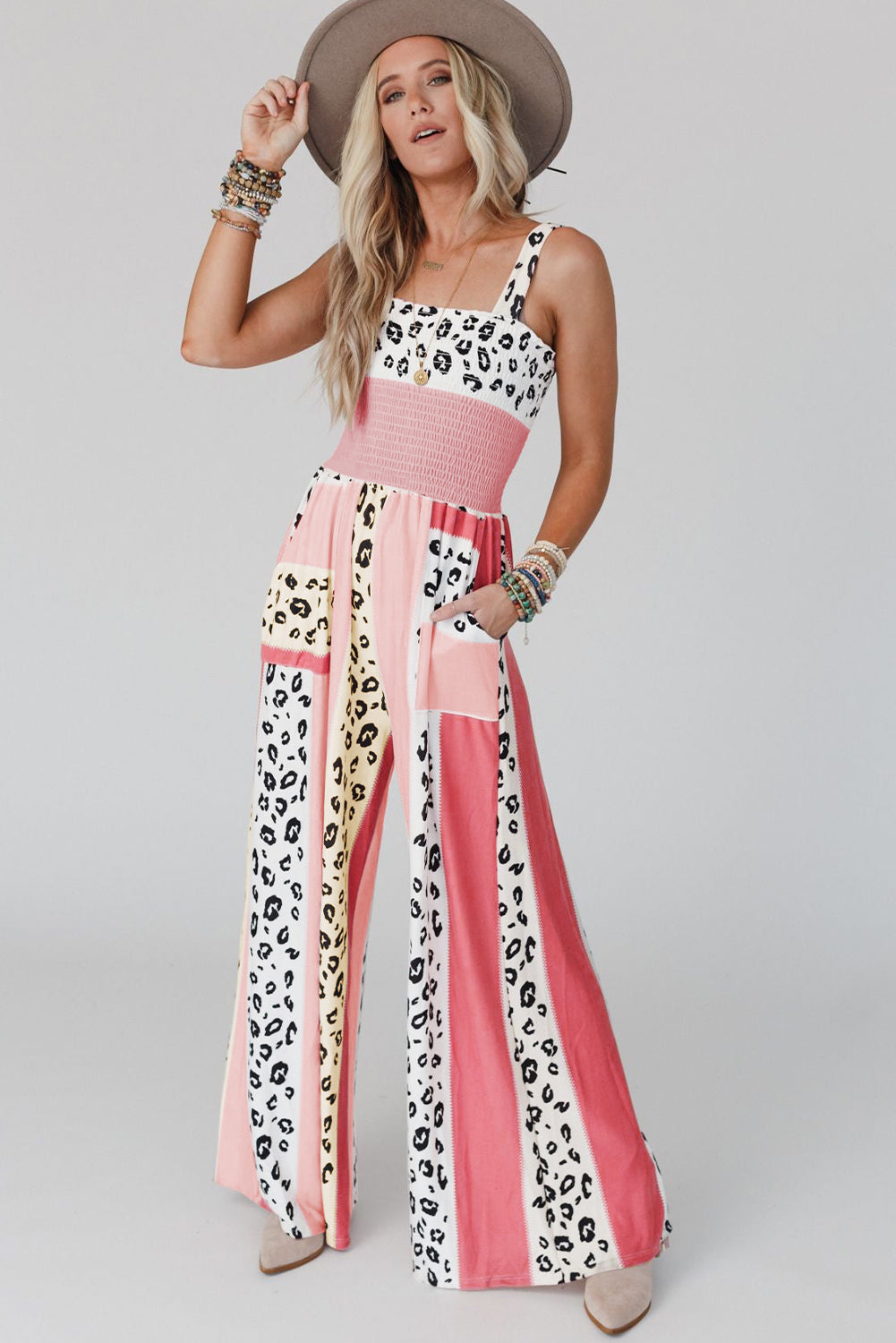 Pink Leopard Color Print Pocketed Jumpsuit