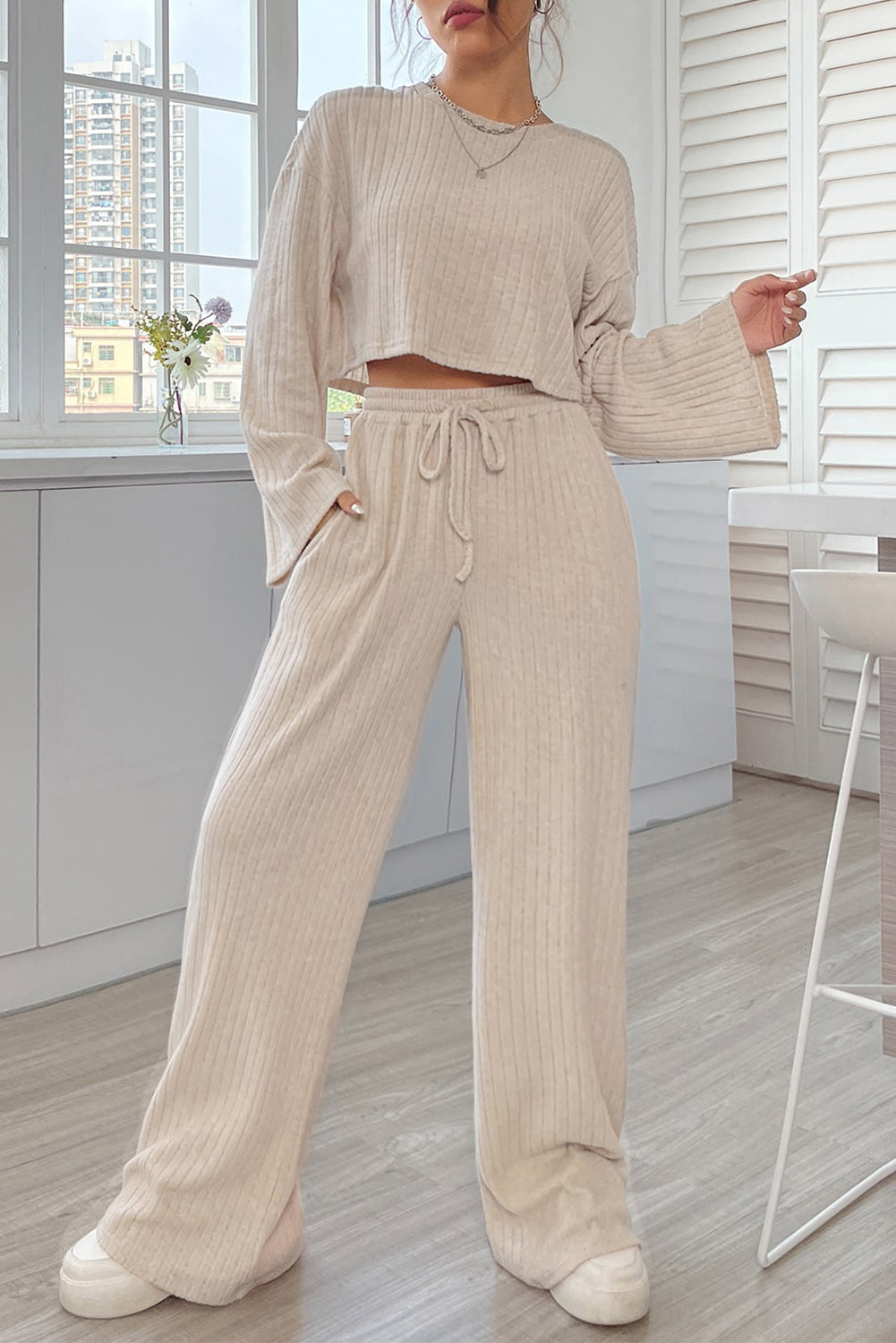 Khaki Bell Sleeve Crop Top & Drawstring Pants Set