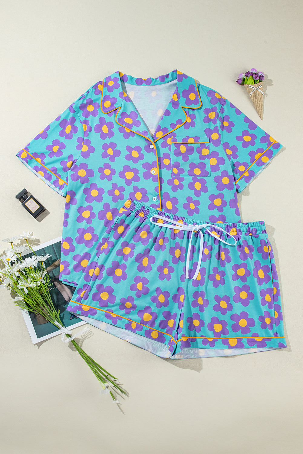 Sky Blue Flower Print Plus Size Short PJ Set