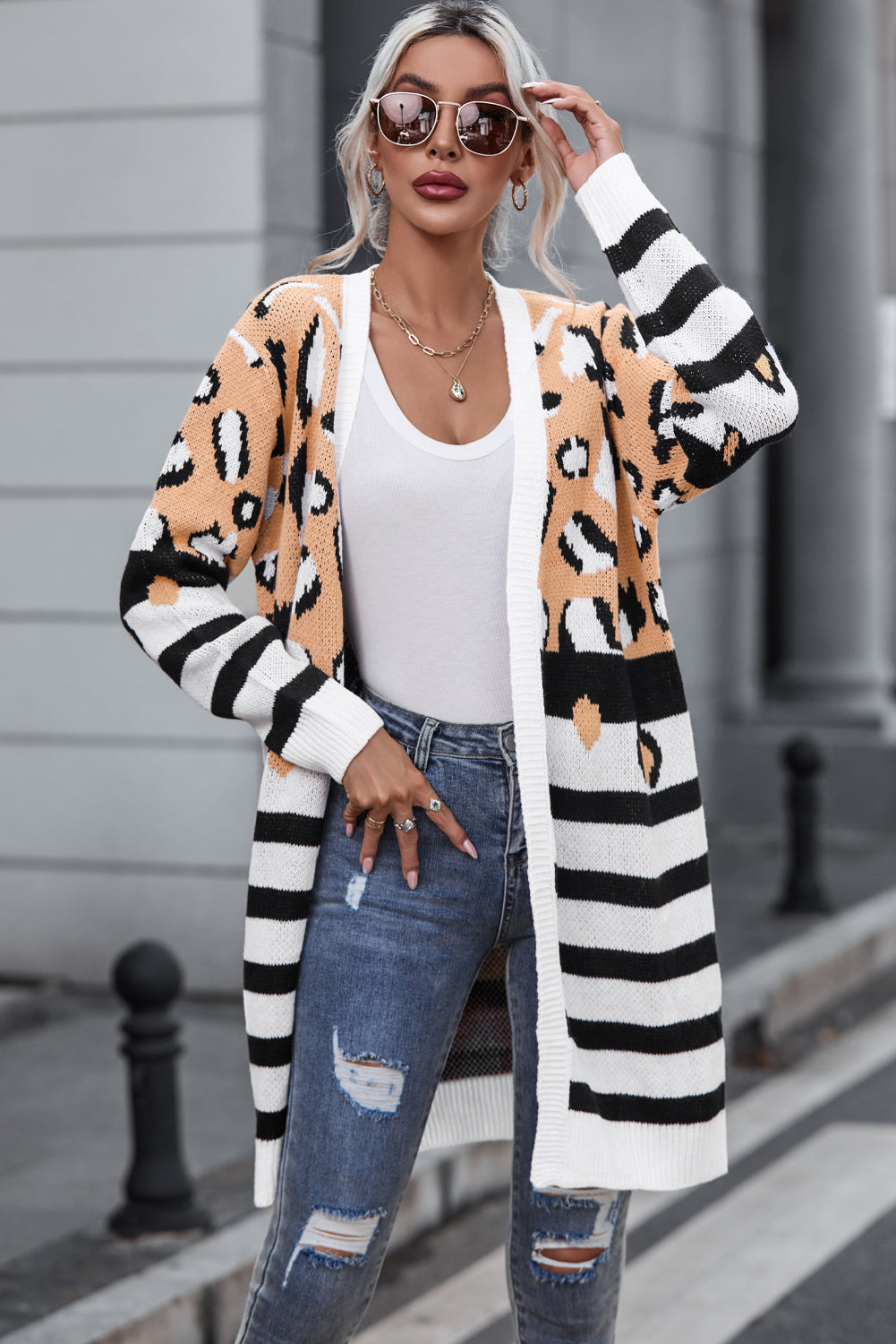 Brown Leopard Striped Mixed Print Cardigan